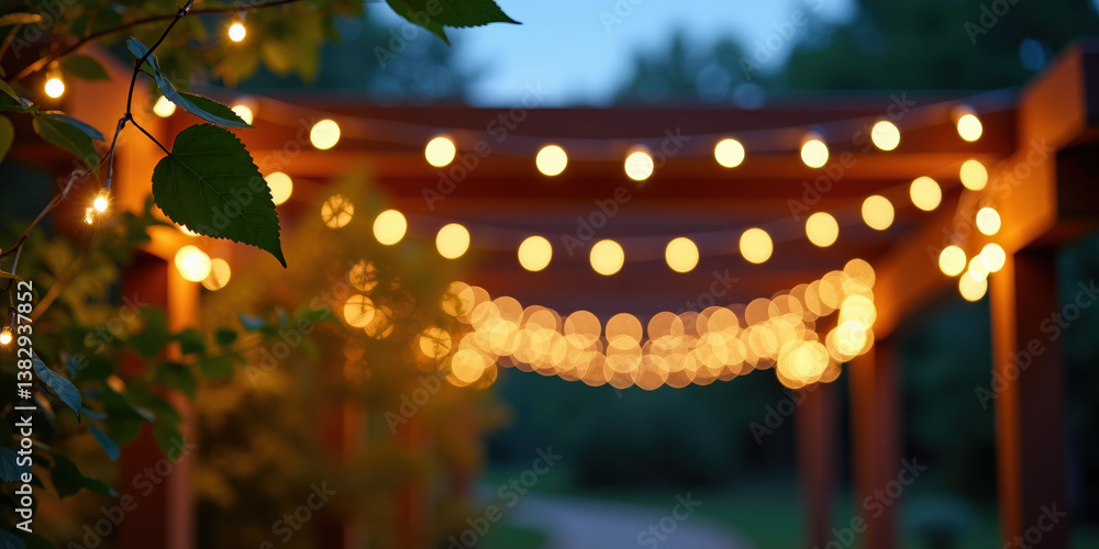 Aufkleber soft glowing string lights illuminate a wooden pergola surrounded by greenery creating a warm and in