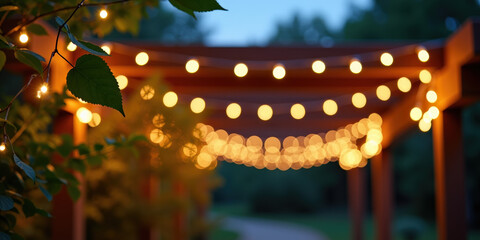 soft glowing string lights illuminate a wooden pergola surrounded by greenery creating a warm and inviting atmosphere in a serene outdoor setting