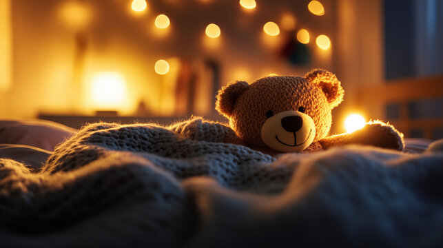 A comforting scene of a teddy bear tucked under a knitted blanket on a childâs bed, with a warm nightlight glowing softly in the background