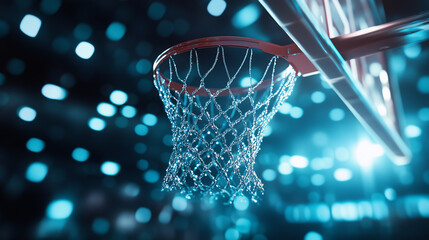 A slow-motion effect captures the net snapping as a basketball dunks through the hoop under the intense glow of stadium lights