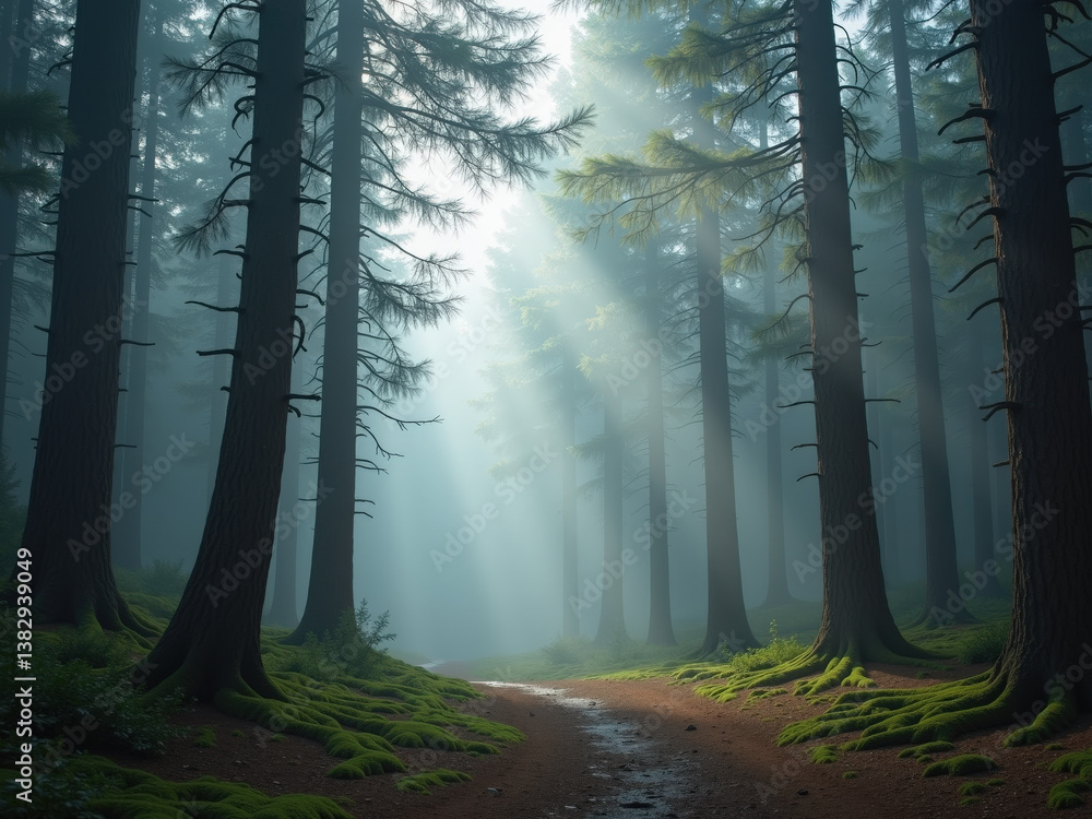 Poster a serene forest scene with tall trees bathed in soft morning light and mist, creating a tranquil and
