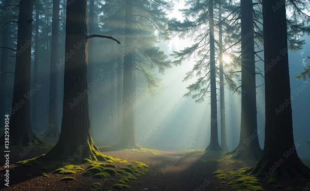 Poster a serene forest scene with tall trees bathed in soft rays of sunlight, creating a mystical atmospher