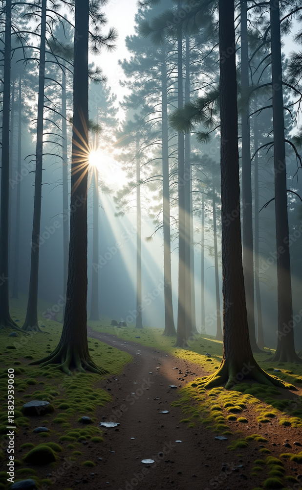 Poster sunlight streams through tall pine trees in a serene forest, illuminating a mossy path that invites 