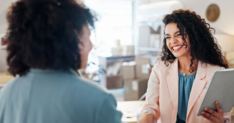 Woman, happy and handshake in workshop for small business, logistics collaboration and tablet for...