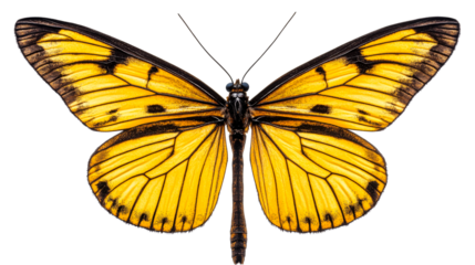 Yellow butterfly with black spots, wings open on black background, cut out transparent