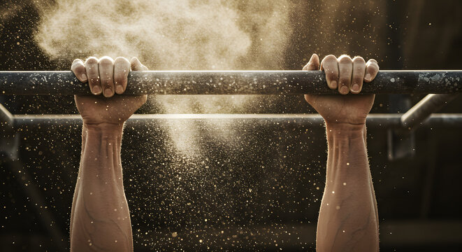 Chalk-Dust Ascent: Gripped Hands on Metal Bar, Strength and Effort.