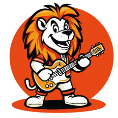 Fototapeta premium Cute Cartoon Lion Playing Guitar, Fun Animal Mascot Vector Illustration for Music, Kids, or Entertainment Themes