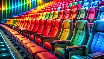 Fototapeta premium Vibrant Rainbow Cinema Seats: Colorful Movie Theater Row