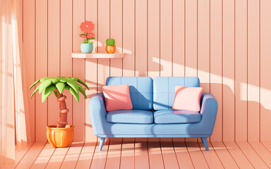 Obraz premium Cartoon living room, sofa and wall, minimalist and comfortable style, 3d rendering.