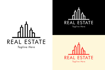 Obraz premium illustration of minimal bold line skyline simple, icon, vector logo for real estate, property firm, builder, buildings, apartment, cityscape, construction, residential, housing, and more