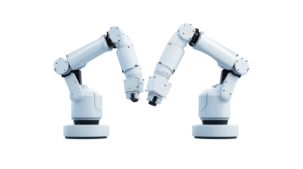 Two robots reaching, robotic arms facing, mechanical, automation, cut out transparent