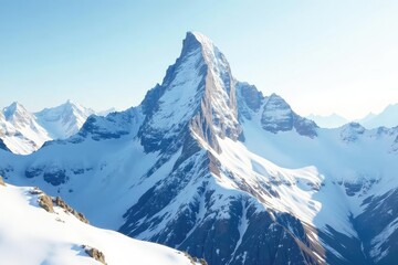 Snow-covered mountain peak, pristine white sky, winter wonderland, cliffs
