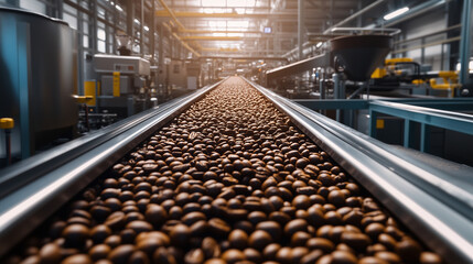 A wide-angle shot of an industrial coffee processing plant, where conveyor belts transport sunlit coffee beans, their rich brown hues contrasting with the metallic machinery