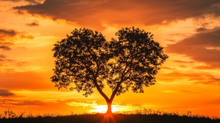 A heart-shaped tree silhouetted against a fiery sunset, symbolizing love and nature's beauty under warm golden light.
