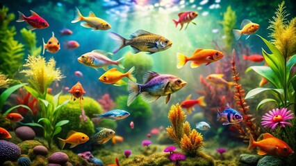 Fototapeta premium Vibrant Underwater Mural: Miniature Fish & Coral Reef Tilt-Shift