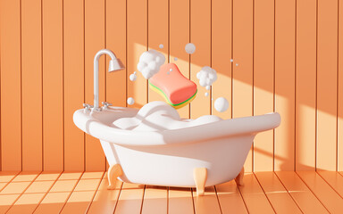 Cartoon bathroom, wooden floor and comfortable white bathtub , 3d rendering.