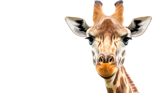Giraffe head closeup, focused gaze in nature, cut out transparent