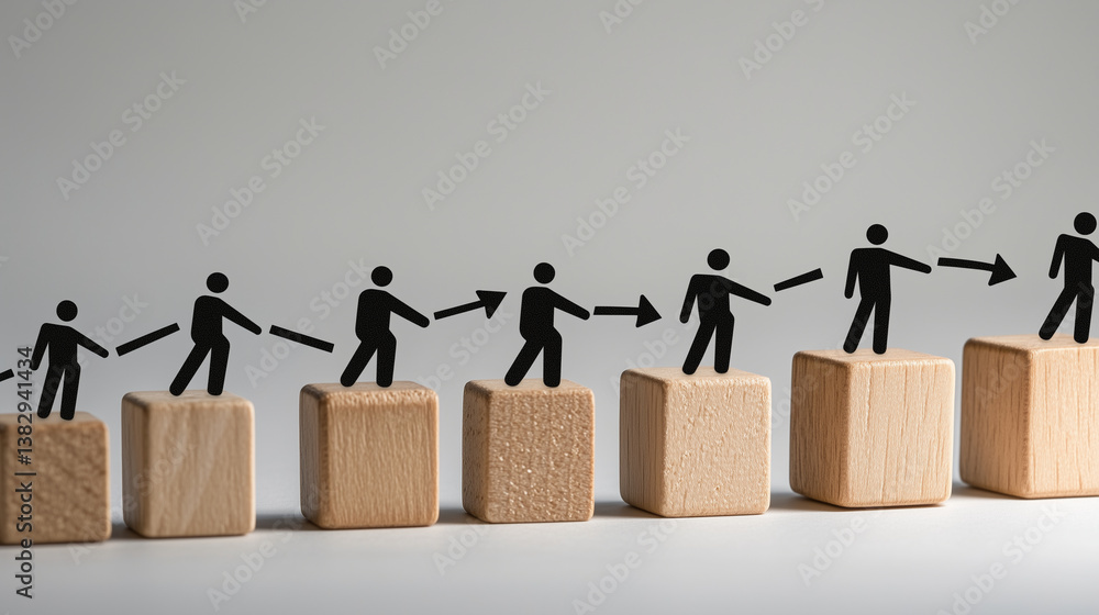 Poster a neatly arranged set of wooden blocks with minimalist person icons, connected by thin black arrows,