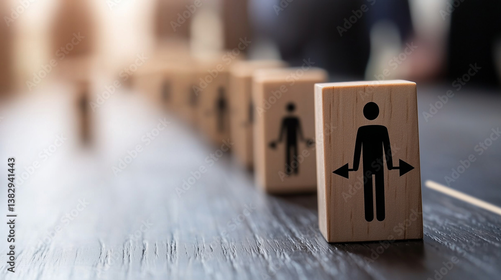 Poster a neatly arranged set of wooden blocks with minimalist person icons, connected by thin black arrows,