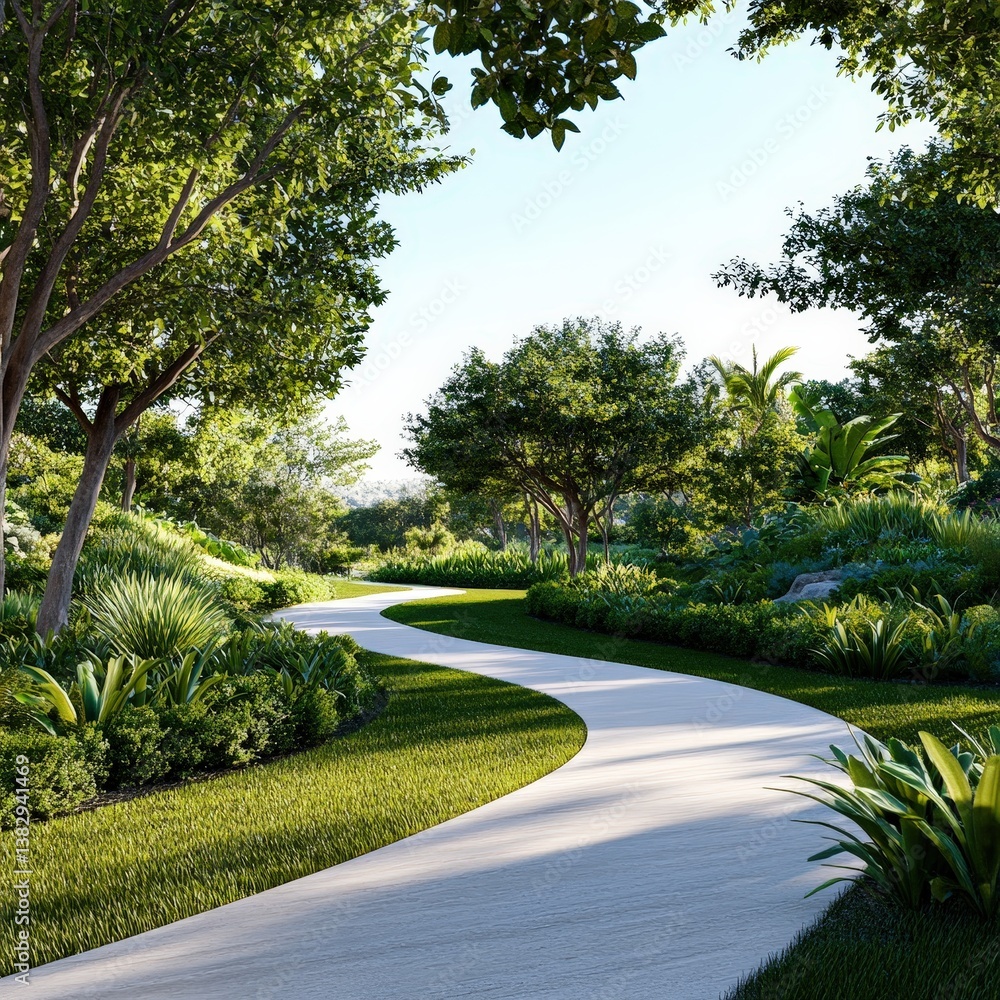 Poster a serene, winding pathway meanders through lush greenery and trees, creating a tranquil and inviting