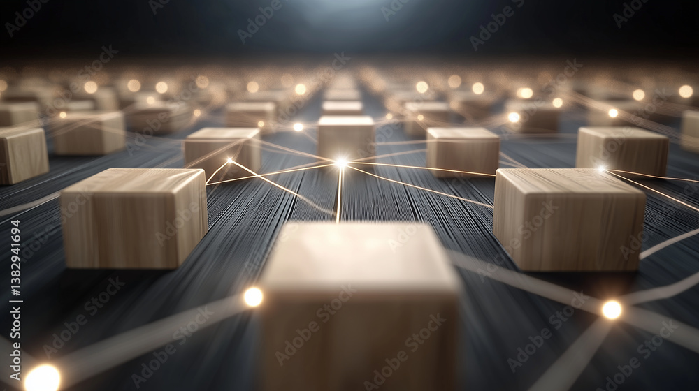 Poster a minimalist flat-lay of wooden blocks connected with thin glowing lines, illustrating an advanced a