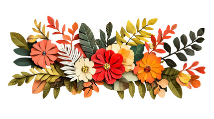 Autumnal floral arrangement with paper flowers and leaves, cut out transparent