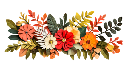 Autumnal floral arrangement with paper flowers and leaves, cut out transparent