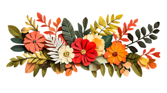 Autumnal floral arrangement with paper flowers and leaves, cut out transparent