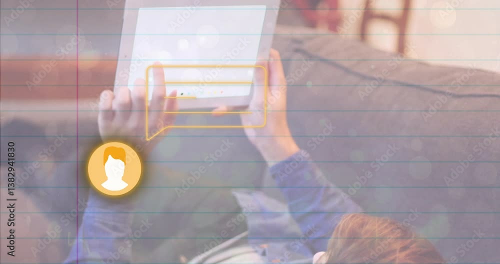 Poster person using tablet with chat bubble animation overlay on lined background