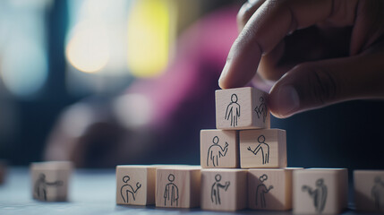 A businessmanâs hand places a final wooden block into a network of other blocks with drawn human figures, emphasizing leadership and team building in an organization