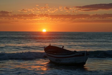 Fototapeta premium Sunset over calm ocean with fishing boat on shore and waves gently lapping at the hull