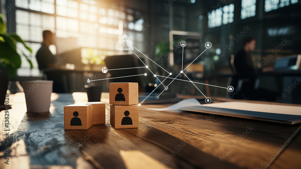 Poster a conceptual office scene with wooden blocks placed on a desk, each featuring a person icon and link
