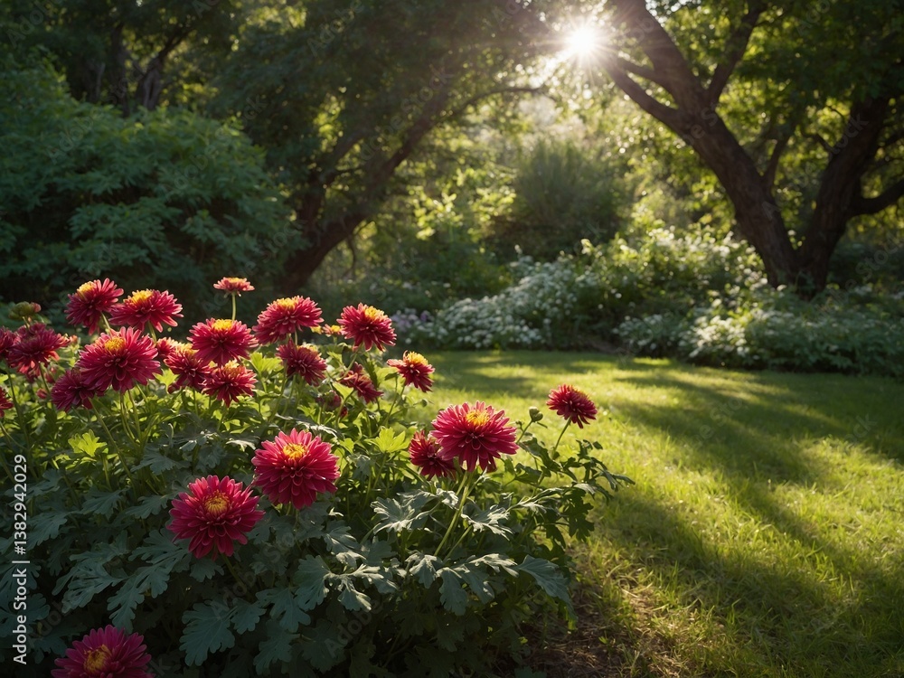 Poster sunlight filters through leaves of large tree, casting dappled shadows on lush garden. vibrant red f