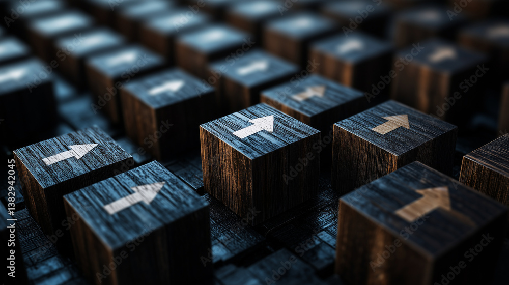 Poster a dramatic top-down view of wooden blocks with tiny arrows drawn between them, representing the visu