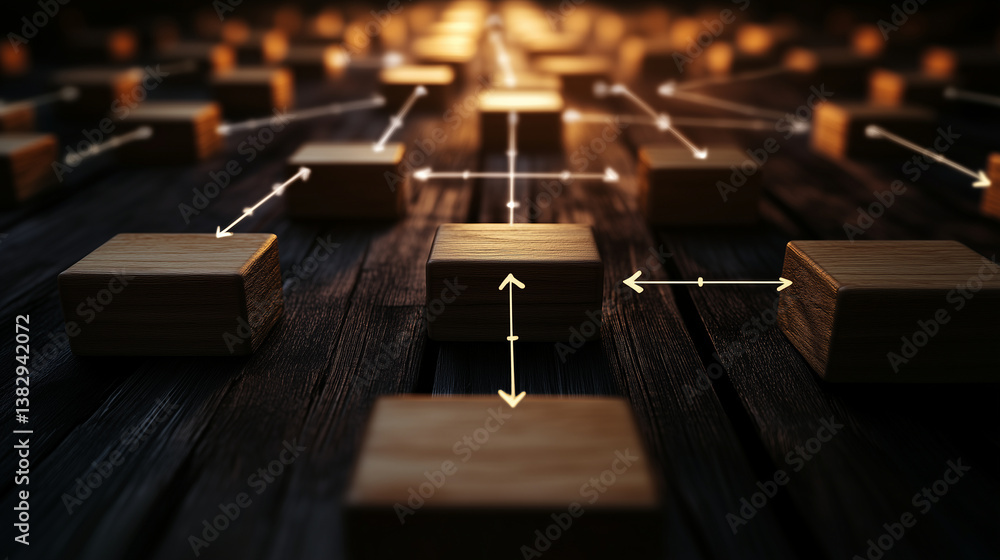 Poster a dramatic top-down view of wooden blocks with tiny arrows drawn between them, representing the visu