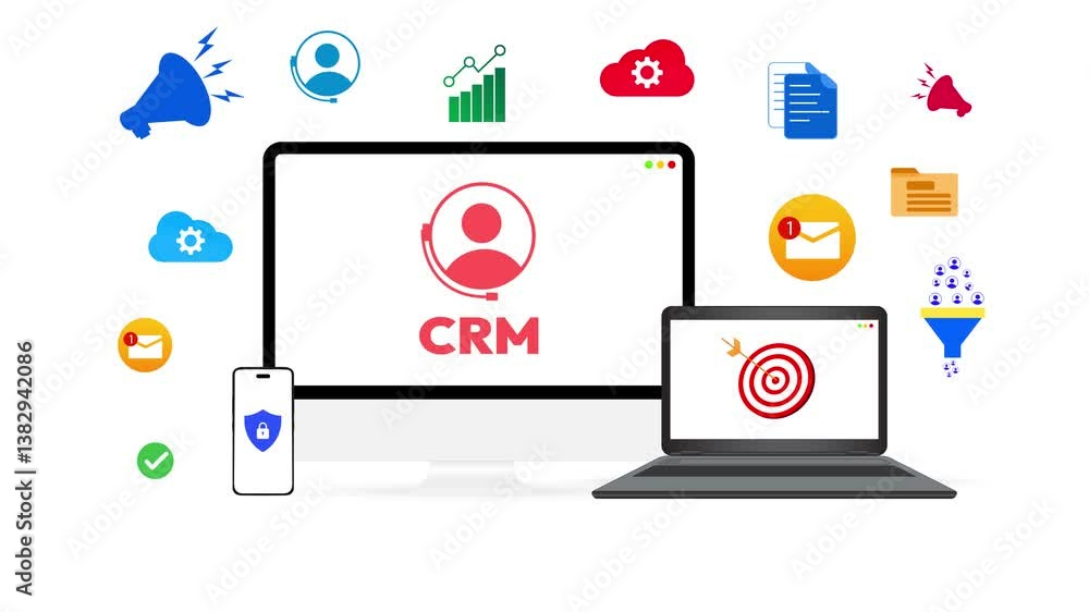 Poster customer relationship management system on multiple devices showing goals, target and unread message