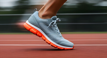 Motion Blur: Runner's Footwear on Red Track, Gray and Orange Shoe Detail