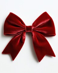 Naklejka premium Exquisite Red Velvet Bow Decoration on White Background Holiday Elegance Festive Ornament Celebration Gift Wrap Design for Christmas and Special Occasions