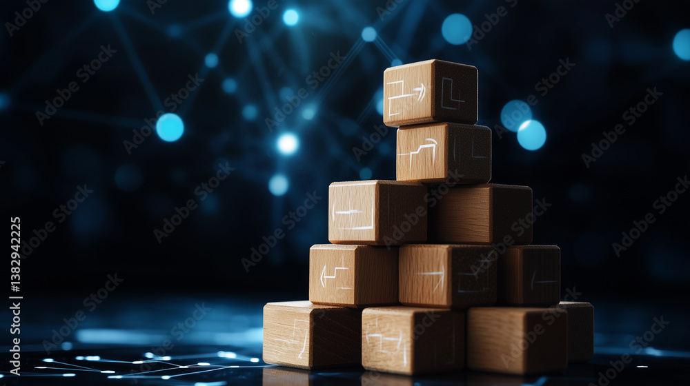 Poster a dynamic close-up of wooden blocks stacked in a pyramid-like formation, with arrows and glowing dig