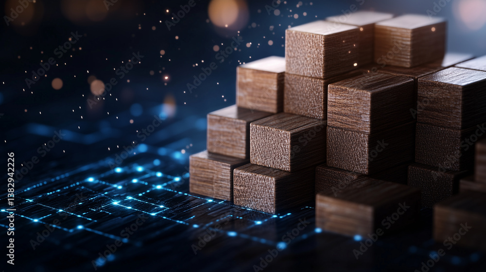 Poster a dynamic close-up of wooden blocks stacked in a pyramid-like formation, with arrows and glowing dig