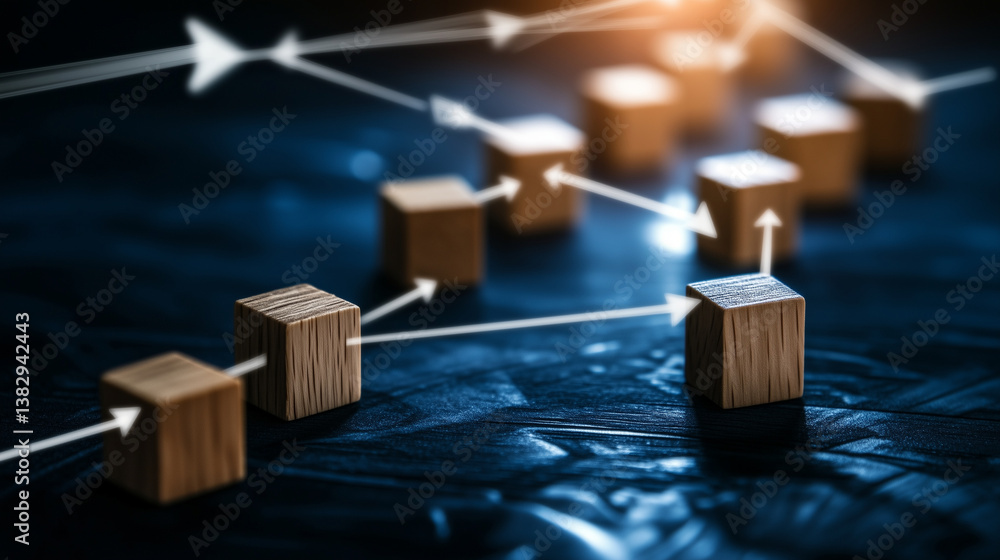 Poster a soft-focus background with wooden blocks arranged in a branching structure, connected by arrows, s