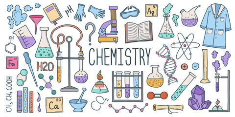 Chemistry elements set. Microscope, beaker, test tube, lab glass. Doodle science vector illustrations isolated on white background