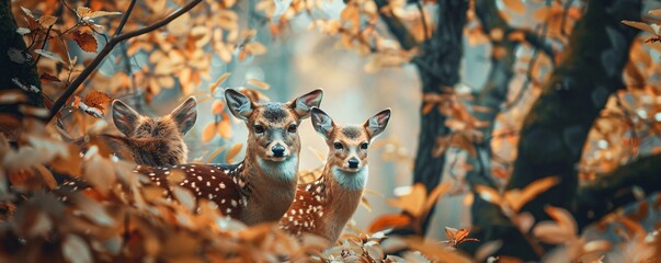 Three youthful deer camouflaged in the forest, peering through vibrant autumn foliage