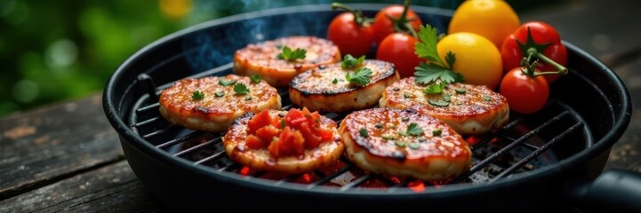 Close-up of black BBQ Grill with utensils and spices, outdoor cooking equipment , charcoal grill