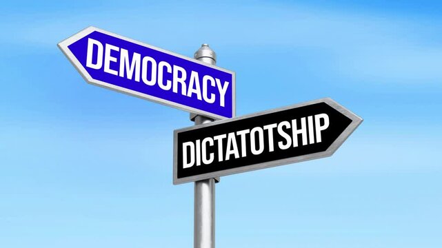 Democracy Vs Dictatorship written on the signboard with blue sky in the backdrop, 4k animation. Political, democracy, freedom, dictatorship, politics.