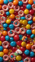 Vibrant mosaic of colorful candies forms tempting display. Swirled lollipops, gummy bears, round coated chocolates create joyful celebration of sweets. Bright tones, glossy textures entice.