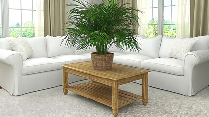 A bright living room displaying furniture and a decorative houseplant