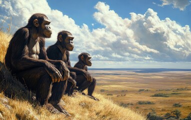 A small group of Australopithecus afarensis cautiously forages for food in the tall grasses of the ancient African savanna, their bipedal stance and keen eyes scanning the environment