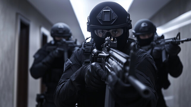 A cinematic low-angle view of a SWAT squad moving through a high-rise building&acirc;s hallway, rifles ready, with bulletproof shields leading the charge
