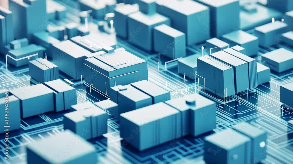 Poster abstract digital cityscape: a futuristic 3d render of interconnected cubes and circuits